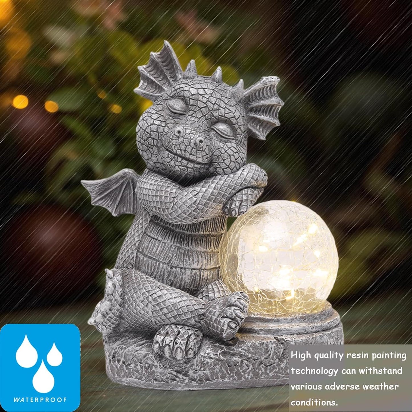 Garden Outdoor Dragon Statue Holding Solar Magic Orb LED Light Resin Adorable Baby Dragon Figurines for Patio Balcony Yard Lawn Garden Unique Housewarming Gift for Mom Grandma