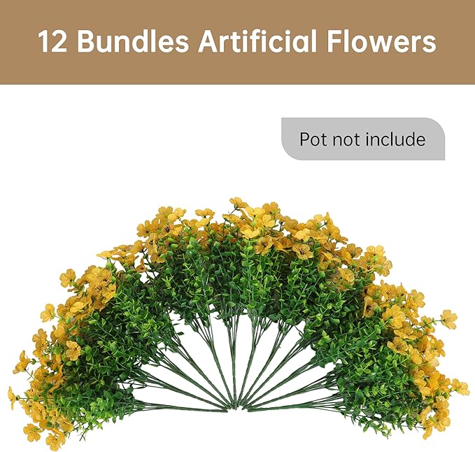 Artificial Faux Flowers Plants for Outdoors Outside Spring Summer Decoration,12 Bundles Realistic Fake Flowers Plant Greenery Silk Daisy UV Resistant Planters Balcony Porch Patio Garden Home(Yellow)