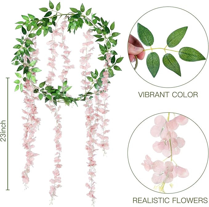 Sggvecsy 6Pcs Wisteria Garland Artificial Flowers Garland Fake Hanging Wisteria Vines Rattan Silk Hanging Flower Vines for Home Garden Outdoor Wedding Arch Party Ceremony Total 35.4Ft (Pink)