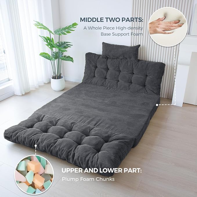 MAXYOYO Folding Sofa Bed, Tufted Bean Bag Bed with Pillows Floor Couch for Adults, Extra Thick and Long Floor Sofa, Twin Couch Bed for Bedroom Living Room, Dark Grey, 39x91 Inch