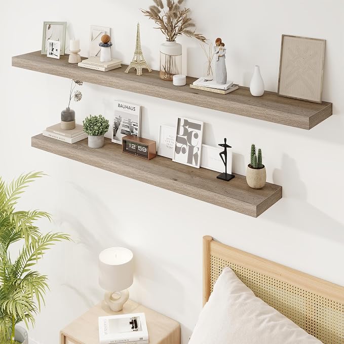 55in Floating Shelves for Wall, 55"W x 9.25"D x 1.5"H, Long Wall Mounted Engineered Wood Shelves with Invisible Brackets for Living Room, Bedroom, Bathroom, Kitchen Decor and Storage, Grey
