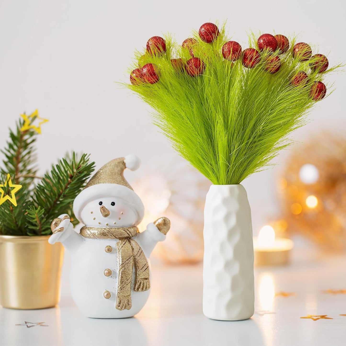 12 Pcs Christmas Tree Topper - 18" Christmas Tree Picks and Sprays Lime Green Curly Stems with Red Ball Artificial Xmas Decorations for Vase Fillers Wreath Home Party Holiday Docor