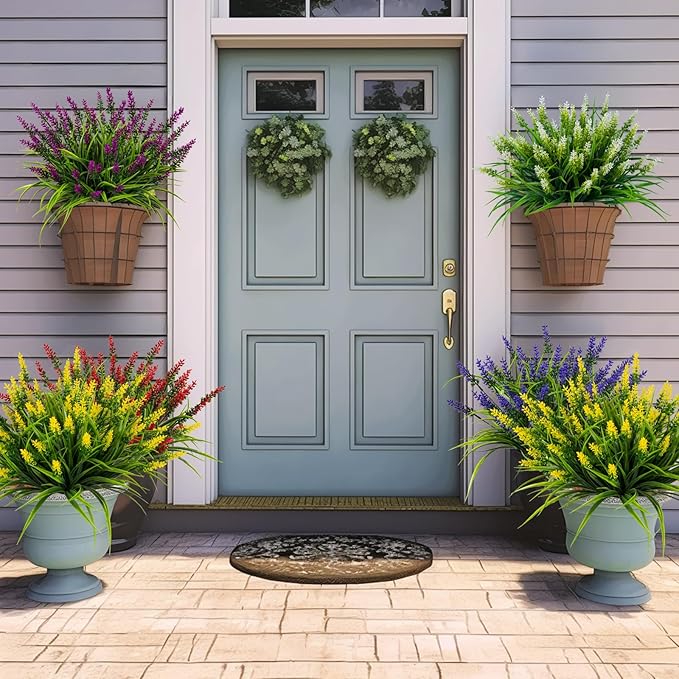 Nigirior Artificial Flowers for Outdoor Plants 24 Bundles Fake Lavender Plastic Faux Monkey Grass for Verandah Window Garden Office Patio Front Porch UV Resistant for Planter(Yellow)