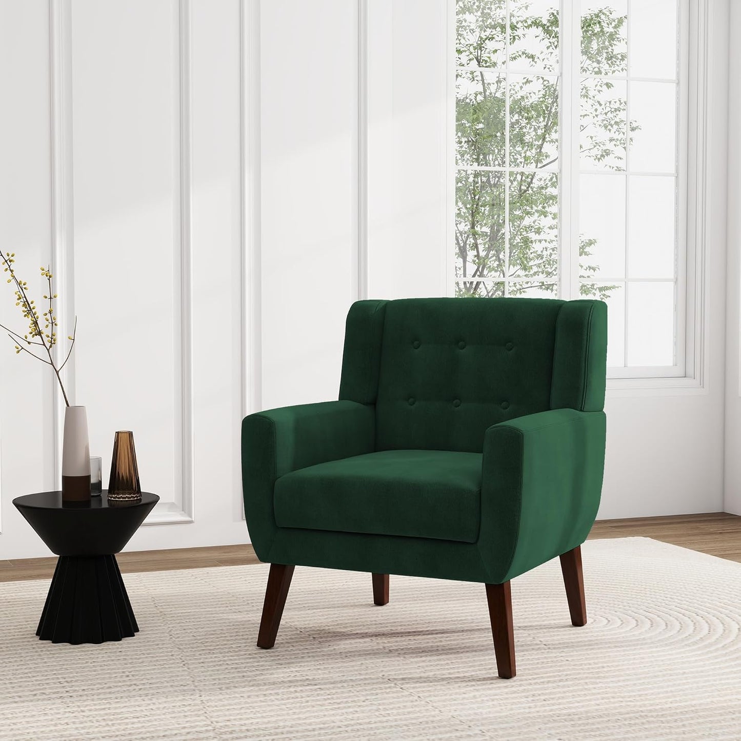 UIXE Accent Chair, Velvet Upholstered Armchair for Living Room, Modern Club Arm Chairs Comfy Single Sofa Button Tufted Bedroom Reading Seat - Retro Green, Set of 4