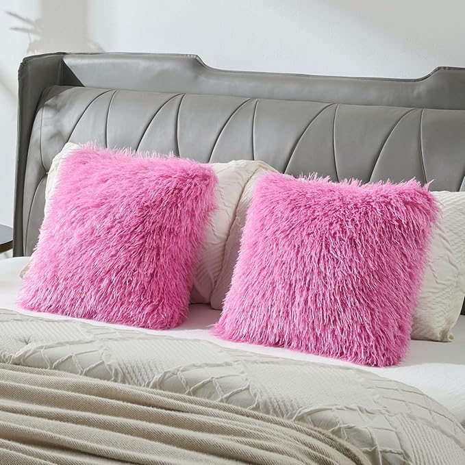 FUTEI Pack of 2 Shaggy Mongolian Faux Wool Throw Pillow Covers 18x18 Inch Soft Decorative Cushion Case for Couch Bed Living Room, Hot Pink