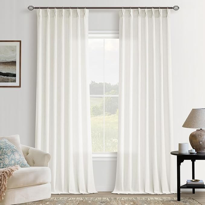 Natural Semi Sheer Linen Pinch Pleated Curtains 120 Inch Long | Cream Beige Ivory, Floor To Ceiling Extra Long, Light-Filtering Privacy, Living Room, Burlap Textured, Hook Ring Memory Shape