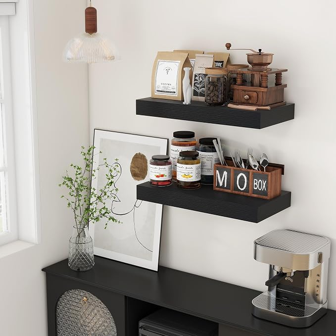 FLYJOE Deep Floating Shelves | 24 Inch Black Floating Shelves Set of 2 | 12 Inch Deep Rustic Wood Shelves for Wall | 24" W x 12" D Black Shelves for Living Room Bathroom Laundry Room Kitchen