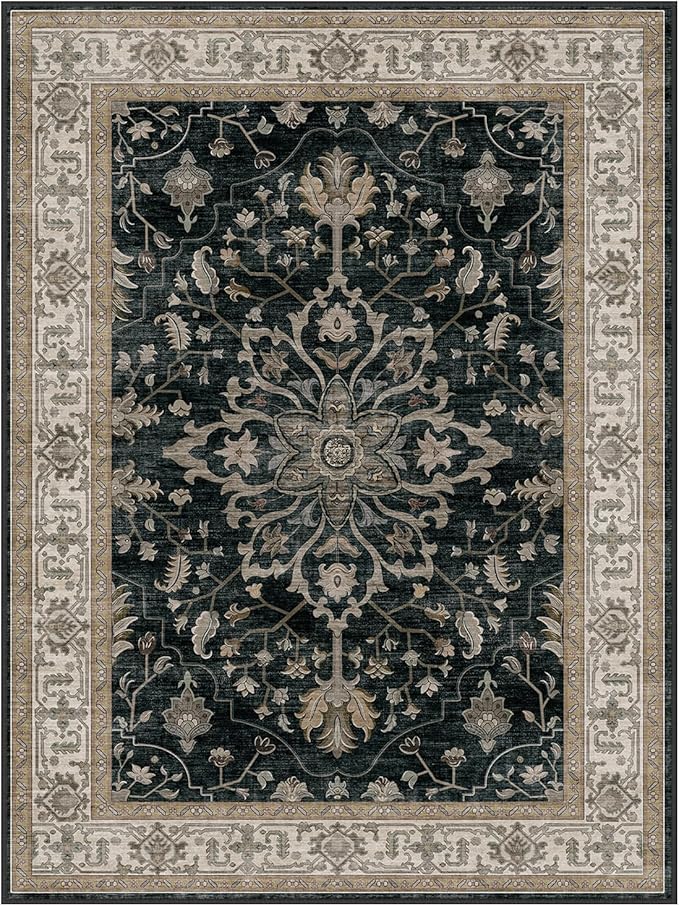RELEANY Area Rugs 4'x5' Washable Non-Slip, Floral Vintage Distress Print Pattern Medallion Carpet for Living Room Bedroom Dining Room, Vintage Black Brown Neutral