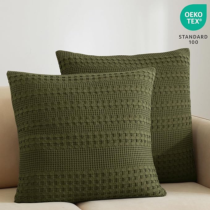 PHF 100% Cotton Waffle Weave Euro Sham Covers, 2 Pack 26" x 26" Bed Pillow Covers for Elegant Home Decor, No Filling, Luxury Aesthetic Soft Euro Pillow Cases for Bed, Capulet Olive