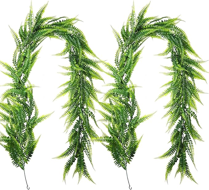 RECUTMS 2pcs Artificial Hanging Boston Ferns Garland Fake Hanging Plant 6 FT Greenery Leaves Ivy Garland Faux Ferns Fake Vines for Spring Outdoor Indoor Home Garden Party Wall Easter Decor