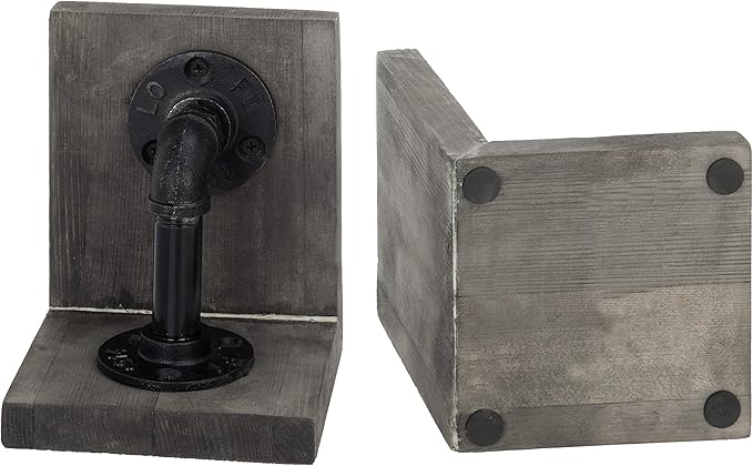 MyGift Book Ends Decorative for Shelves, Office Bookends for Heavy Books, Book Holder L-Shaped Stand Desktop, Vintage Gray Wood with Realistic Industrial Pipe Design