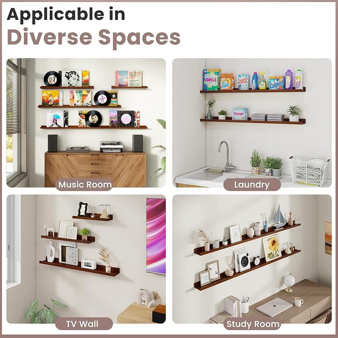 Acovy Floating Shelves for Wall, 16 inch Solid Wood Picture Ledge Shelf, Picture Shelf for Wall with Ledge, Floating Book Shelves for Living Room Bedroom Kitchen Nursery Decor, Walnut, Set of 2