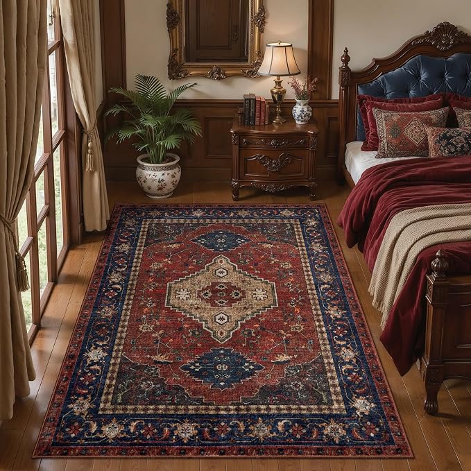 Tangsoo Red Vintage 4x6 Washable Area Rug, Oriental Indoor for Living Room, Non Slip Machine Washable Large Tumble Rugs, Soft Print Carpet for Bedroom Dining Room Dorm Office Red Blue Home Decor