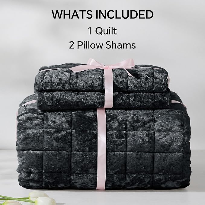 BEDELITE Velvet Quilt Set Queen Size - Luxury Soft Velvet Comforter Bedding Set for All Season, Lightweight Quilted Box Stitch Oversized Bedspread Coverlet with 2 Matching Shams, Shiny Black