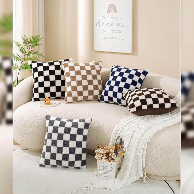 AmHoo Pack of 2 Decorative Throw Pillow Covers Checkerboard Luxury Super Soft Faux Fur Wool Set Case Cushion for Couch Sofa Bedroom 20 x 20-Inch Camel