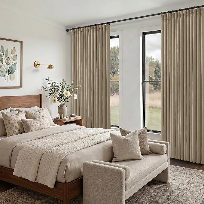 Pinch Pleated Linen Curtains 96 Inch, 2 Panels Premium 400GSM Memory Trained Semi Sheer Light Filtering Window Drapes for Living Room Bedroom Dining, Back Tab & Adjustable Hooks Rings, Grey Beige