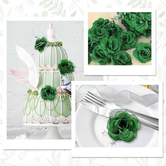LELEE Rose Head Flowers with Stem - 108pcs Emerald Green Rose Artificial Flowers Bulk - Silk Roses Fake Flower for Wedding Bouquet Party Home Decor DIY Centerpieces Tables St Patrick's Day Decoration