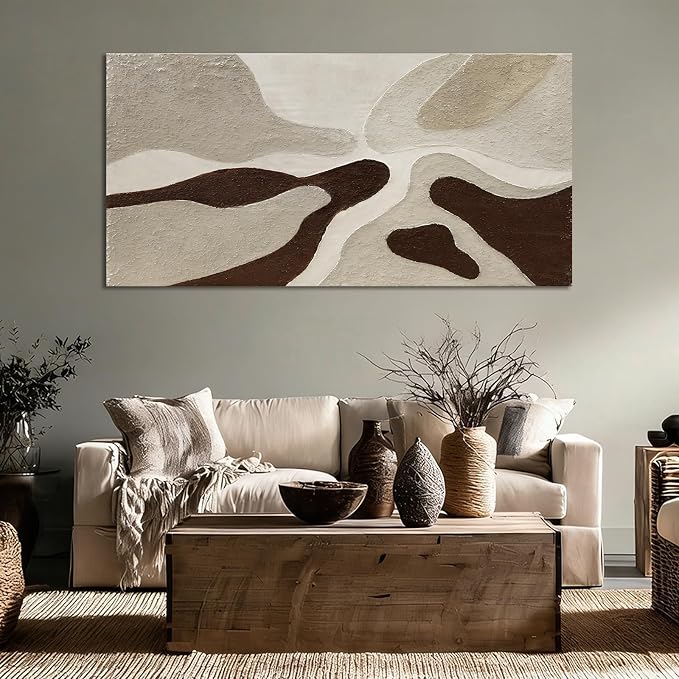 ZUNARE Hand-Painted Abstract Canvas Art – Neutral Beige, Brown, Taupe Textured Modern Wall Art for Living Room, Bedroom, Office, Ready to Hang, 24×48 in