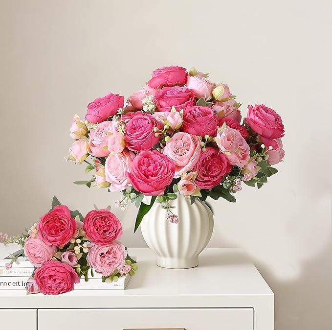 peonies artificial flowers 12 Bundles pink flowers bouquet, Lifelike Silk Fake Peonies with Stems for Home Table Centerpieces, Wedding, Party & DIY Bridal Floral Arrangements (Rose red + pink)