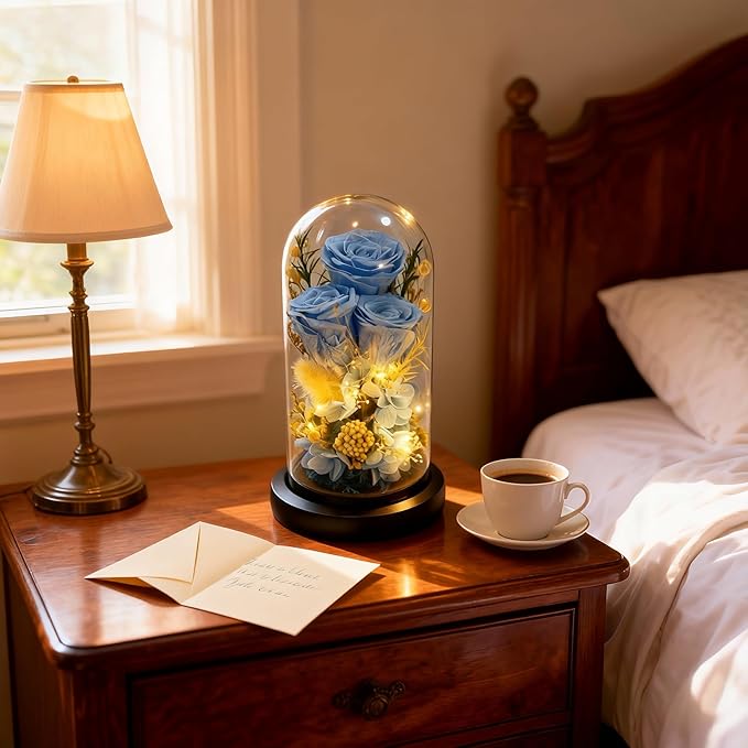 HipTree Preserved Blue Rose in Glass Dome with LED Lights - Forever Eternal Real Rose Gifts for Women, Valentines Day Mothers Day Birthday Wedding Anniversary for Mom Wife Girlfriend