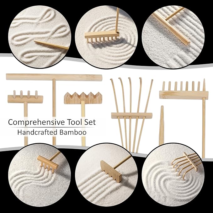 Island Falls Home Zen Garden Kit 11x8in. Beautiful Japanese Decor Mini Rock Feature Gift Set for Home, Office Desk. Zen Sand Garden, 6 Tools, 15 Accessories. Sand Tray Therapy Desktop Meditation Room