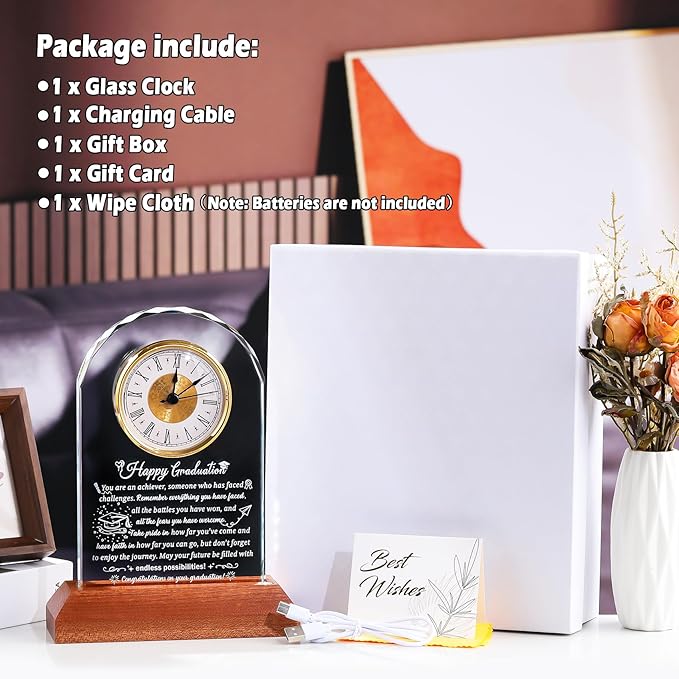 Arikyrist Glass Clock Graduation Gifts for Women Men with Wooden Light Base Class of 2026 Graduation Keepsakes for Her Him Inspirational Gifts Idea for College High School PHD Masters Degree