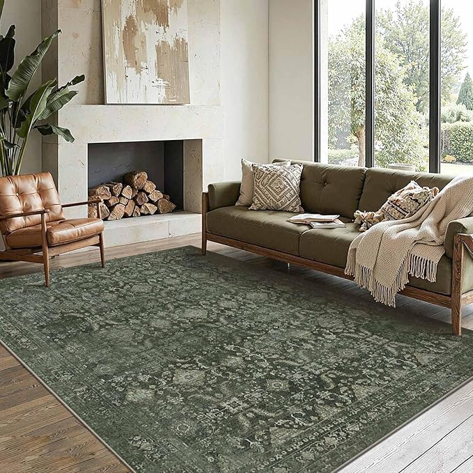 Rugxara 6x9 Area Rugs for Living Room Bedroom, Large Washable Rug, Green Vintage Floral Boho Style, Non Slip & Low Pile Carpet for Indoor Dining Room, Dorm and Kids Room(Green 6x9ft)