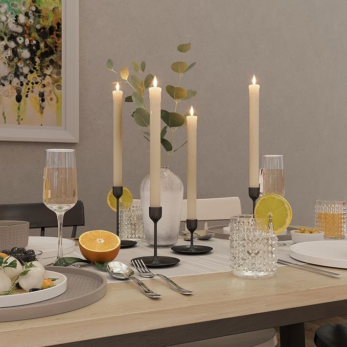 Rechargeable Flameless Taper Candles with Remote, Charging Station, 6 Pcs | 0.78x9.6" Ivory wax LED tapers, 3D flicker, USB-C charging base, up to 160-hour runtime for Home Wedding Christmas Decor