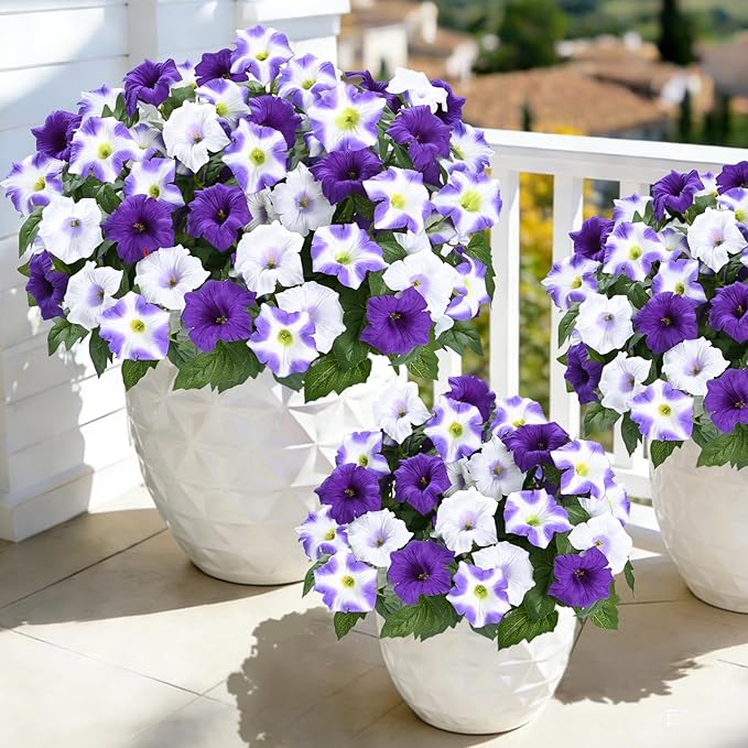 MARTINE MALL Artificial Flowers for Outdoors, 4 Bundles Realistic Fake Outdoor Flowers, UV Resistant Silk Petunia Flower for Outside Look Real Faux Flower Plants for Outdoor Porch Decor, Purple White
