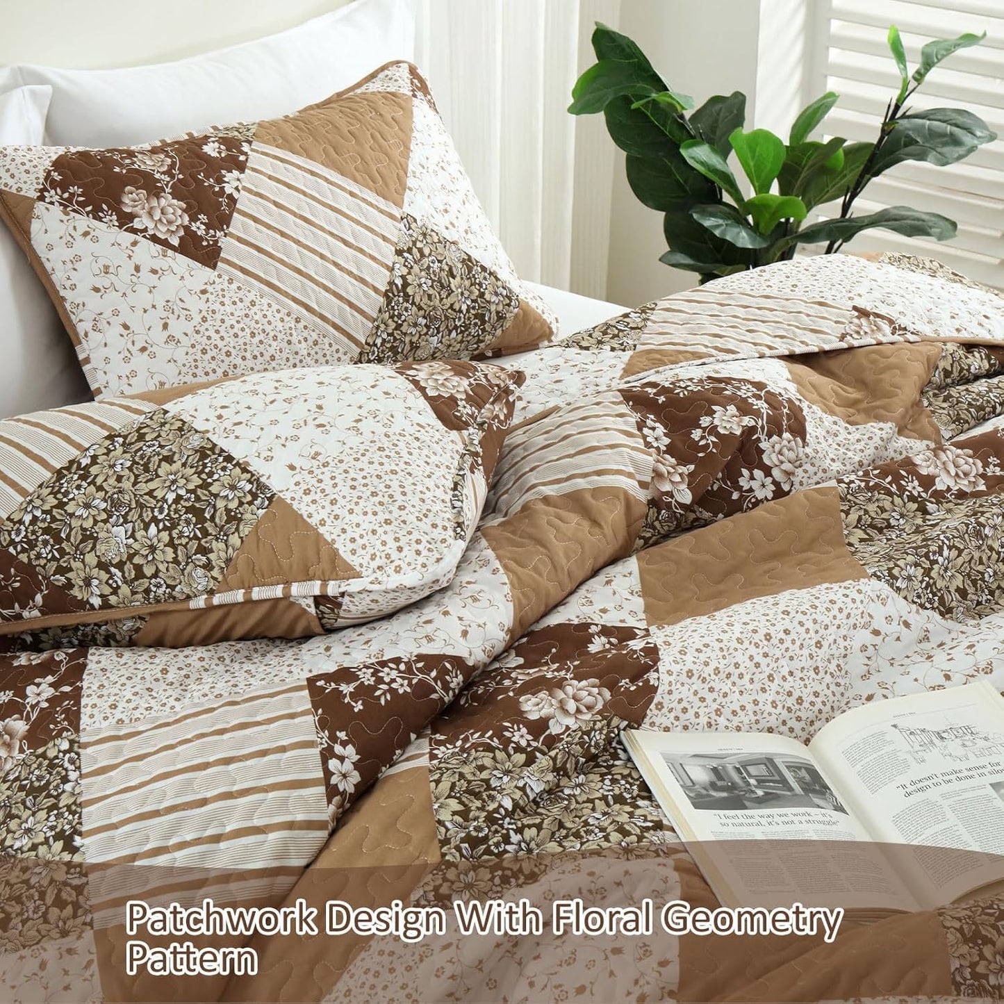 Dobuyly Fall Quilt Queen Size, Brown Floral Plaid Patchwork Bedspread Fall Bedding Set, Soft Lightweight Microfiber Coverlet Set for All Season (1 Quilt, 2 Pillow Shams)