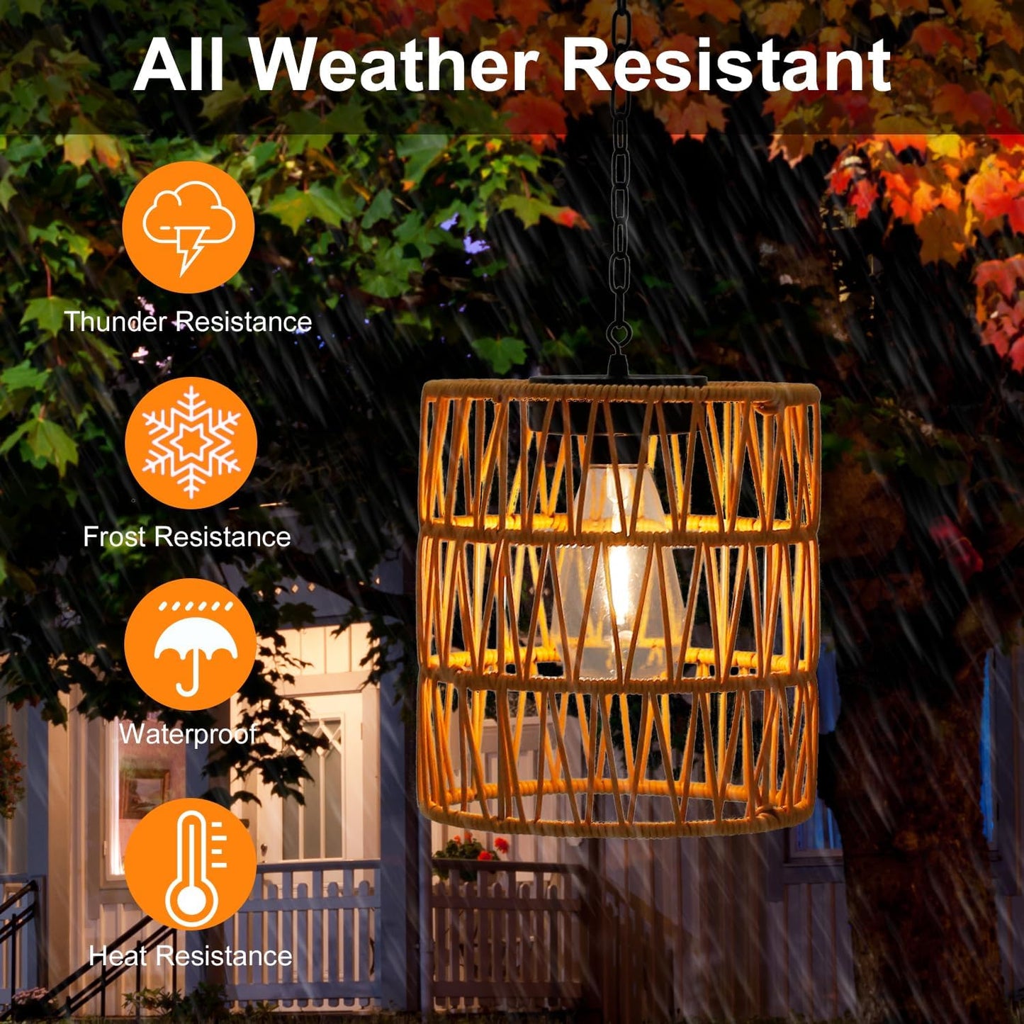 Livinlarge Solar Chandelier Lantern,Outdoor Rattan Pendant Lights,Waterproof Boho Hanging Lamps with Edison Bulb for Gazebo Tree Porch Yard Porch Patio Garden Backyard Decor