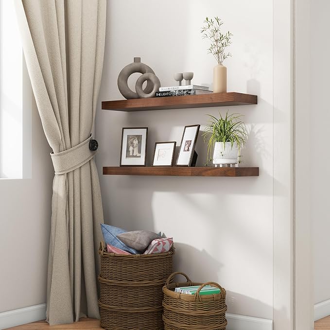 fuqing Wood Floating Shelves | 24 Inch Floating Shelves for Wall Set of 2 | 24" W x 6.7" D x 1.4" H Rustic Walnut Shelves for Bathroom Living Room Bedroom Kitchen