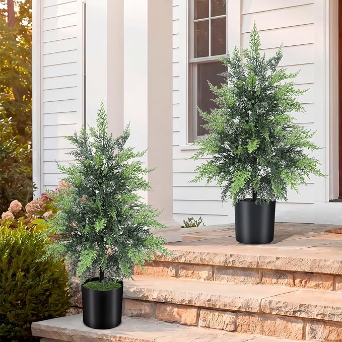ENVEN Outdoor Artificial Topiary Cedar Tree Real Touch Faux Pine Evergreen Shrub Plant UV Resistant Greenery Tree with Pot Realistic Cypress Front Porch Decor (2FT-1Pack)
