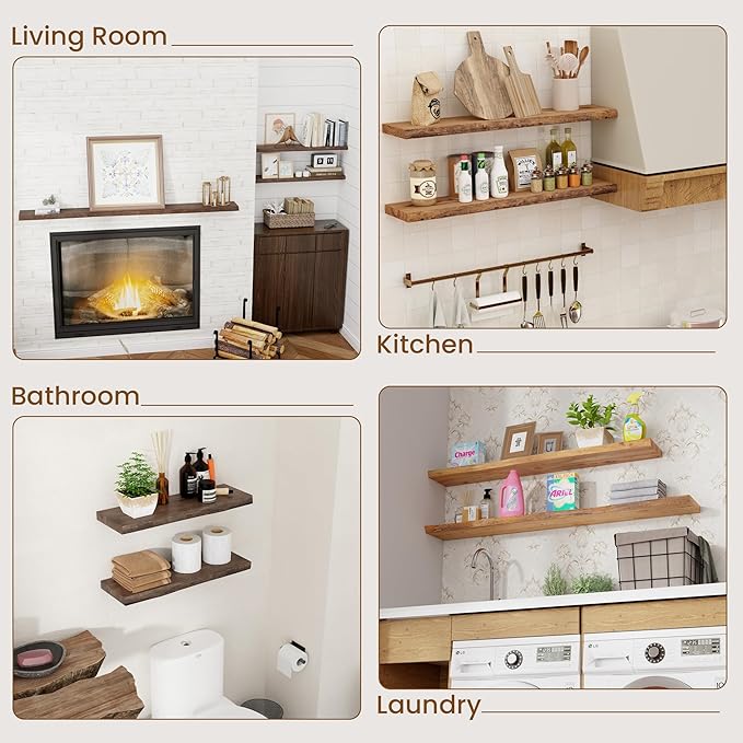 FLYJOE Floating Shelves for Wall Decor, Rustic Solid Elm Wood Live Edge Floating Shelves Wall Mounted, Wall Shelves with Invisible Bracket for Living Room Bathroom Bedroom Kitchen, 55 Inch, Walnut
