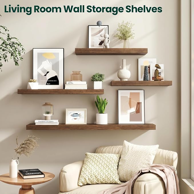 Floating Shelves for Wall 32 in x 9.3 in Deep, Wall Mounted Rustic Wood Shelf with Invisible Brackets for Storage & Display, Living Room Bedroom Bathroom, Walnut, 2 Pack