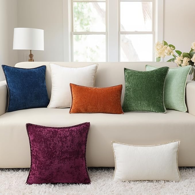 decorUhome Summer Chenille Soft Cozy Throw Pillow Covers 18x18 Set of 2, Modern Farmhouse Boho Velvet Decorative Pillow Cases with Stitched Edge for Couch Sofa Bed Home Decor, Aqua Haze