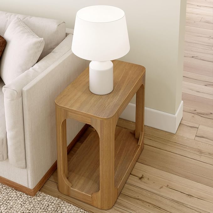 Plank+Beam Modern Rounded Rectangular Side Table with Shelf, Solid Wood End Table for Living Room, 25in, Pecan