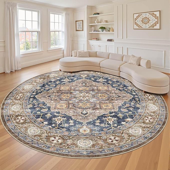 Round Rug Living Room Rugs: 8x8 Washable Boho Neutral Large Circle Soft Indoor Floral Stain Resistant Floor Farmhouse Carpet for Bedroom Nursery Kids Playroom Office Dining Room Dorm- Yellow Blue