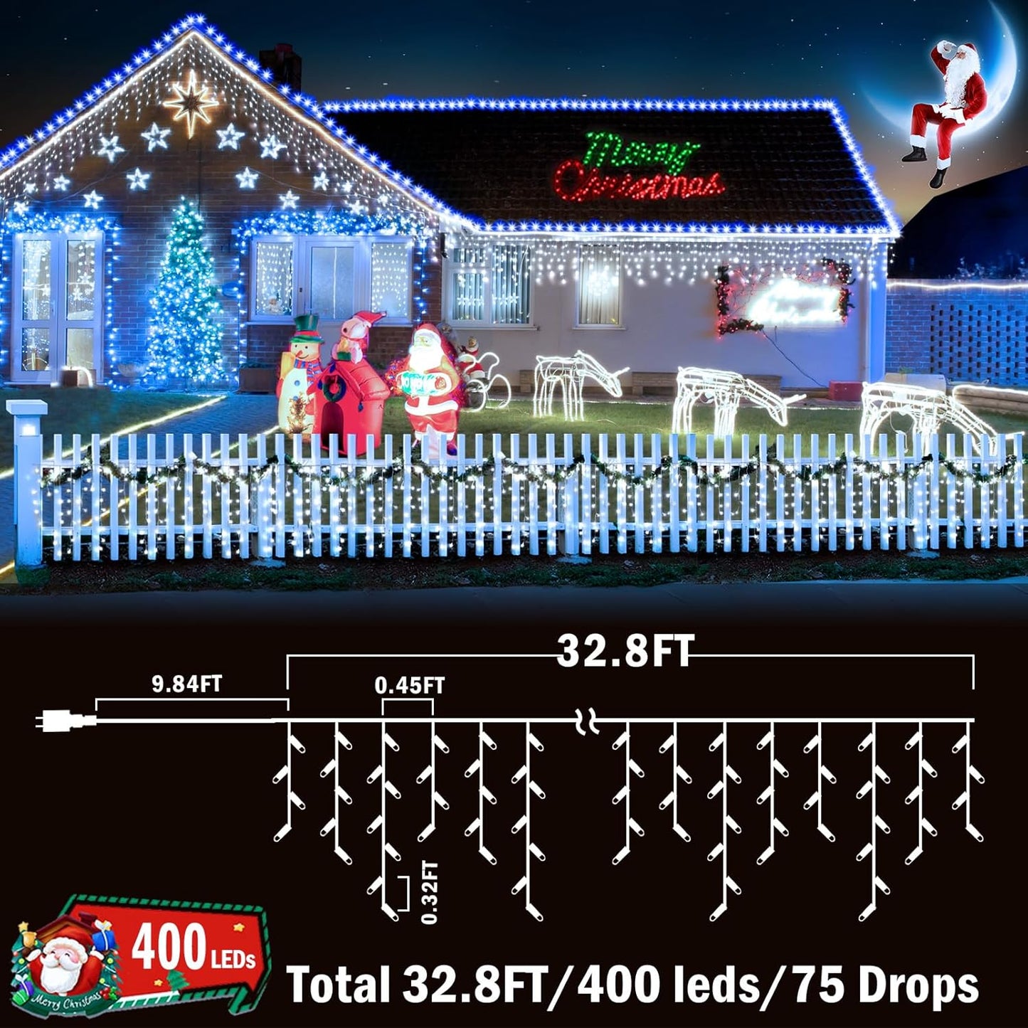 KNONEW Christmas Lights Outdoor Decorations 400 LED 33ft 8 Modes Curtain Fairy String Light with 75 Drops, Clear Wire LED String Light Decor for Wedding Party Holiday Christmas Decorations Cool White
