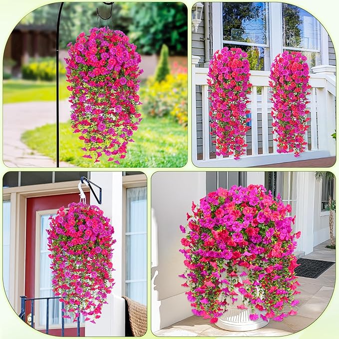 Dolicer 4 Packs Look Real Artificial Flowers for Outdoors, Fake Artificial Hanging Flowers for Outdoors Realistic UV Resistant Faux Hanging Flowers Silk Petunia for Porch Patio (Fuchsia+Rose Red)