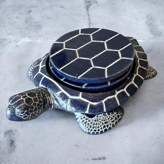 Sea Turtle Coaster Set - Coastal Ocean Beach Decor - Rustic Nautical Navy Blue and White Finish