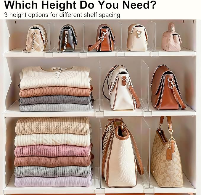 Shelf Dividers Purse Organizer for Closet: 6-inch Tall(Shorter Version) Acrylic Handbag Organizer - Small Space Separator for Clutches Evening Bags Pouches Mini-bags on Wood Shelves 10-Pack
