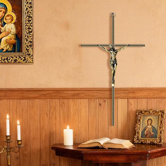 KUXBET Catholic Crucifix Wall Cross, 14 inch Metal Jesus Christ Cross, Handmade Hanging Wall Décor for Home, Religious Devout Give Faith Gift (14.0inch, Vintage)