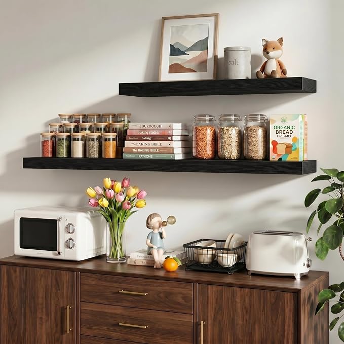 Vivelove 24 Inch Floating Shelves Wall Mounted for Display, 6.5 Deep Duty Shelves with Invisible Brackets for Living Room,Bedroom,Kitchen, Bathroom Storage & Decor,24" Wx6.5 Dx1.4 H - Black