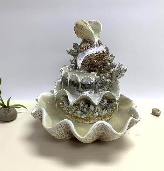10.5" H Coral Reef Shell Fountain Indoor Fountain with LED Lights and Adjustable Motor Pump (Power Cord Attached) (Resin)