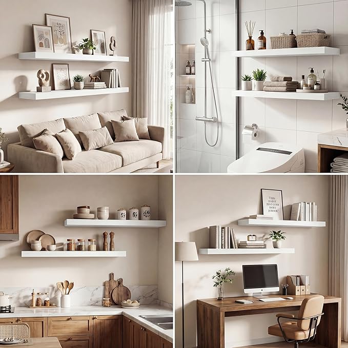 Dreamland 40 Inches Floating Shelves for Wall, 9.3" Deep Long Floating Shelves Set of 2, Large Display & Storage Shelf, Wall Shelf for Bathroom Bedroom Living Room Kitchen Office, White