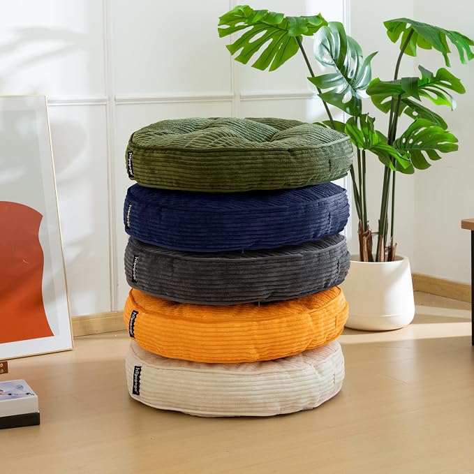 HIGOGOGO Floor Pillow Cushion for Adults, Meditation Cushion Pillow, Large Round Floor Sitting, Tufted Corduroy Cover, for Tatami Living Room or Yoga, 22x22 Inch, 2Pack, Beige
