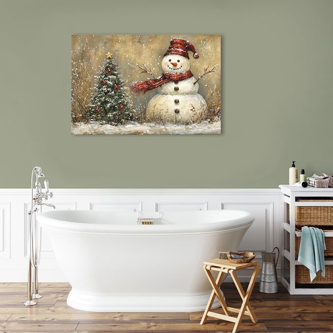 Christmas Poster Wall Art Living Room Bedroom Vintage Winter Snowy Landscape Wall Decor Farmhouse Christmas Seasonal Tree Framed Canvas Snowman Artwork Print Festival Pictures Home Decoration 24x36