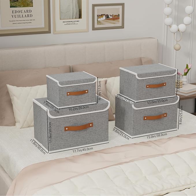 Yawinhe Collapsible Storage Box, Cube Organizer Basket, Fabric Bin with Lids, Washable and Leather Handle for Shelves, Closet, Grey, 10.2x7.9x6.7 In, 3-Pack, SNK024GN-3