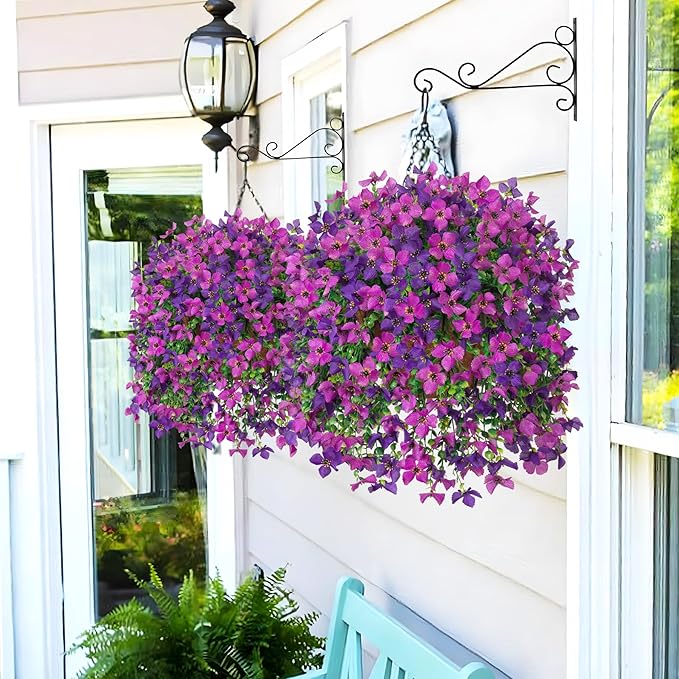INXUGAO Artificial Hanging Flowers Plants with Basket for Outdoors, Realistic Faux Silk Daisy Flower Eucalyptus for Spring Decor, UV Resistant Fake Plants for Porch Patio Yard Balcony, Violet